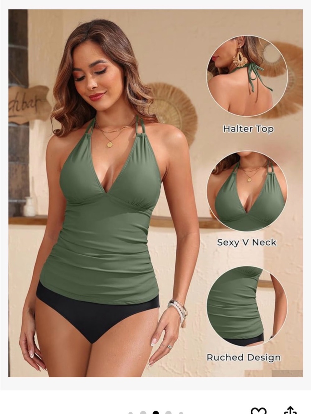 NWT Olive Green Halter V-Neck Tankini Top